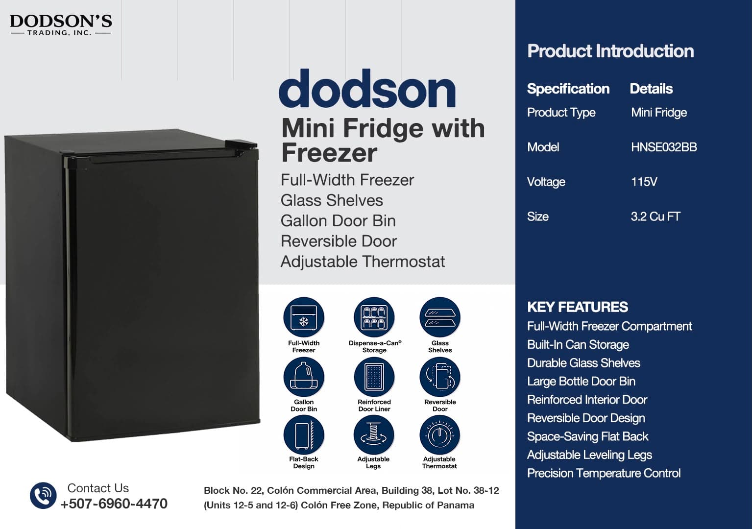 Dodson Mini Fridge with Freezer HNSE032BB in black, product sheet with feature icons and specifications